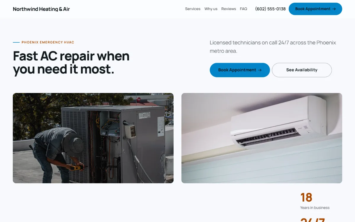 Bright hvac website template: light and airy, with two photos under the headline