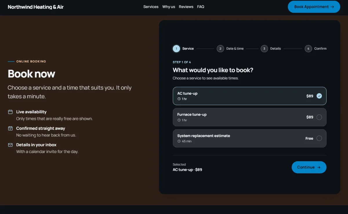 Online booking form on the Dark hvac website template: customers choose a service, then a free time