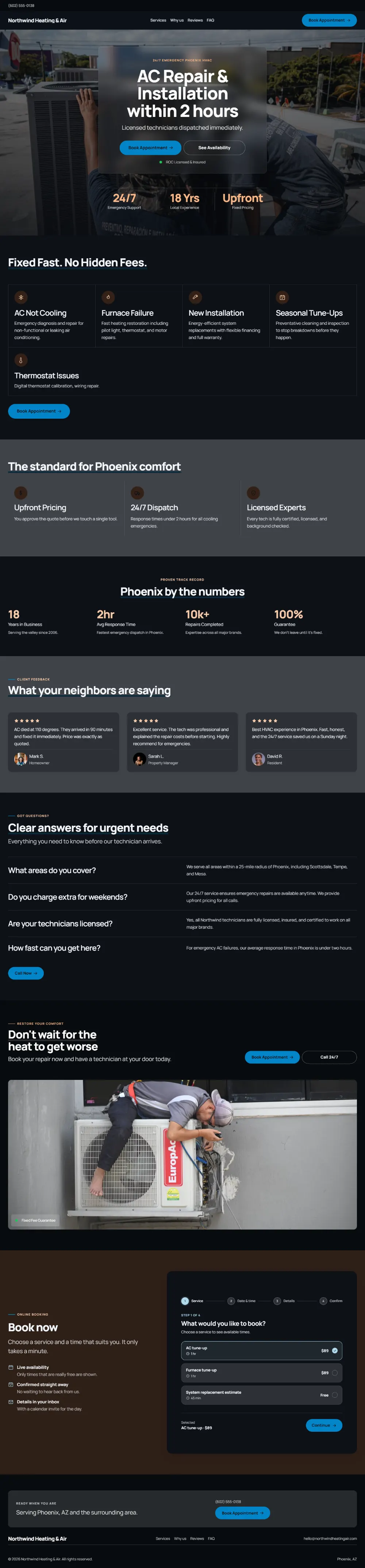 Dark hvac website template, the whole home page: dark mode throughout, with a glass card over the photo