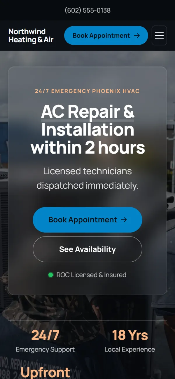 Dark hvac website template on a phone: dark mode throughout, with a glass card over the photo
