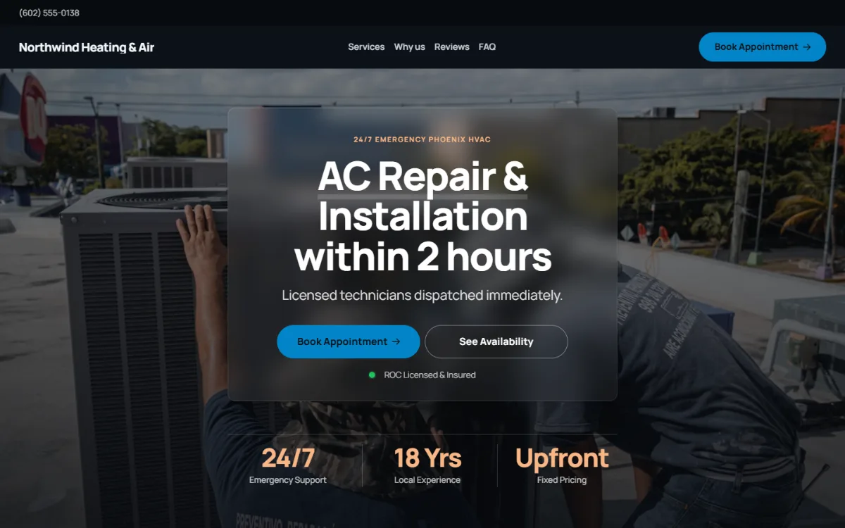 Dark hvac website template: dark mode throughout, with a glass card over the photo