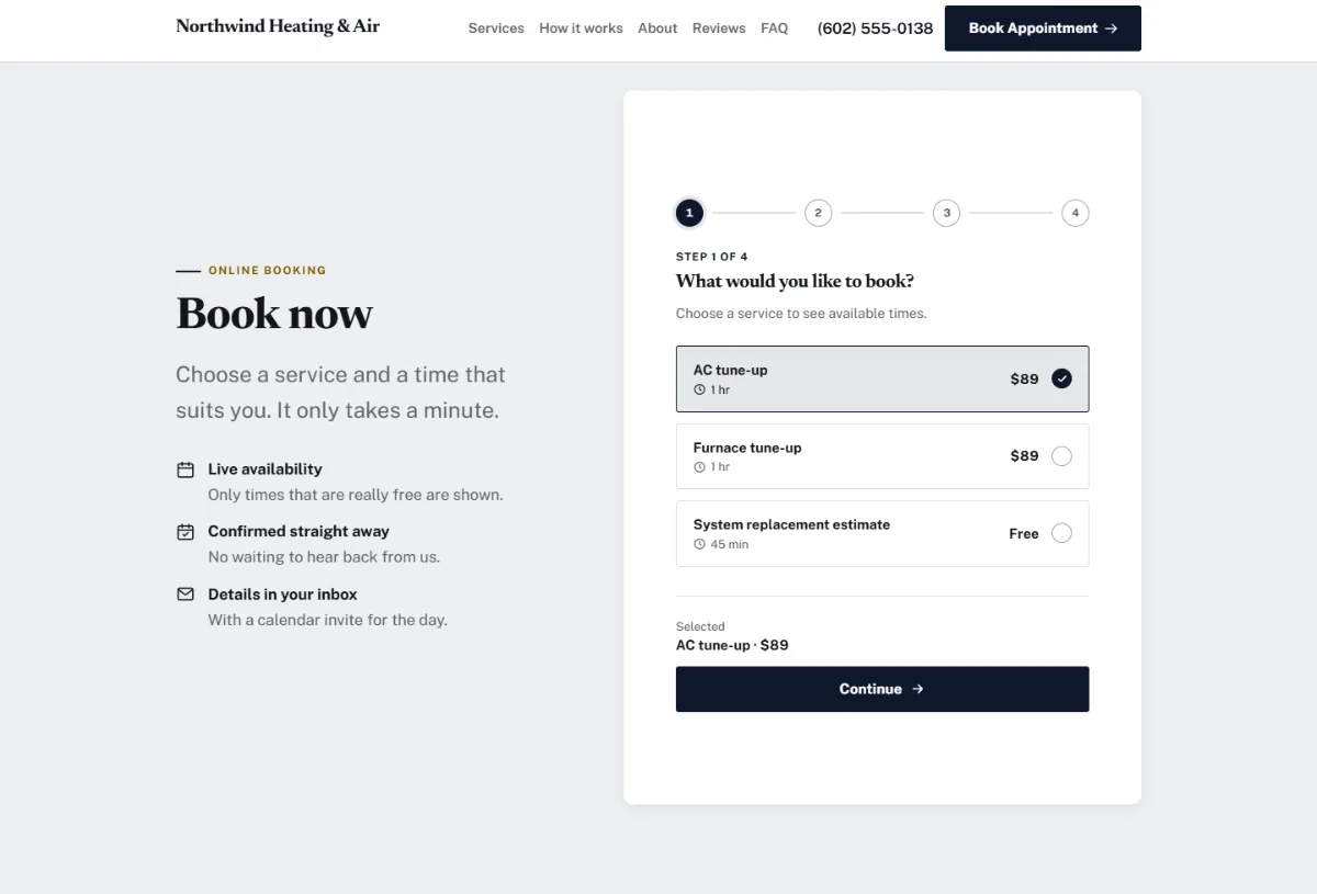 Online booking form on the Luxury hvac website template: customers choose a service, then a free time