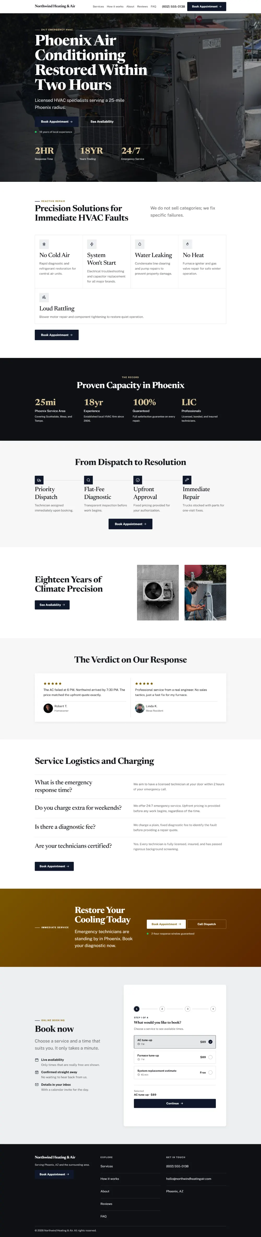 Luxury hvac website template, the whole home page: dark and understated, with a serif headline over a full-width photo