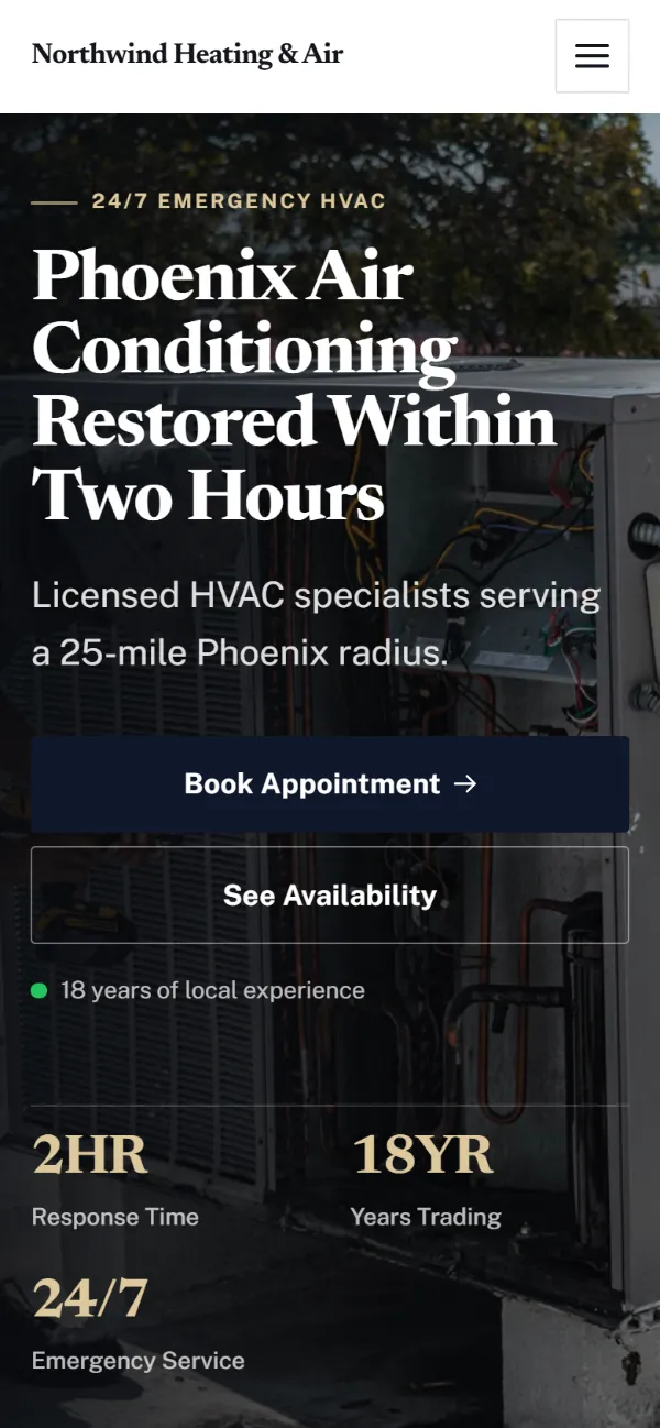 Luxury hvac website template on a phone: dark and understated, with a serif headline over a full-width photo
