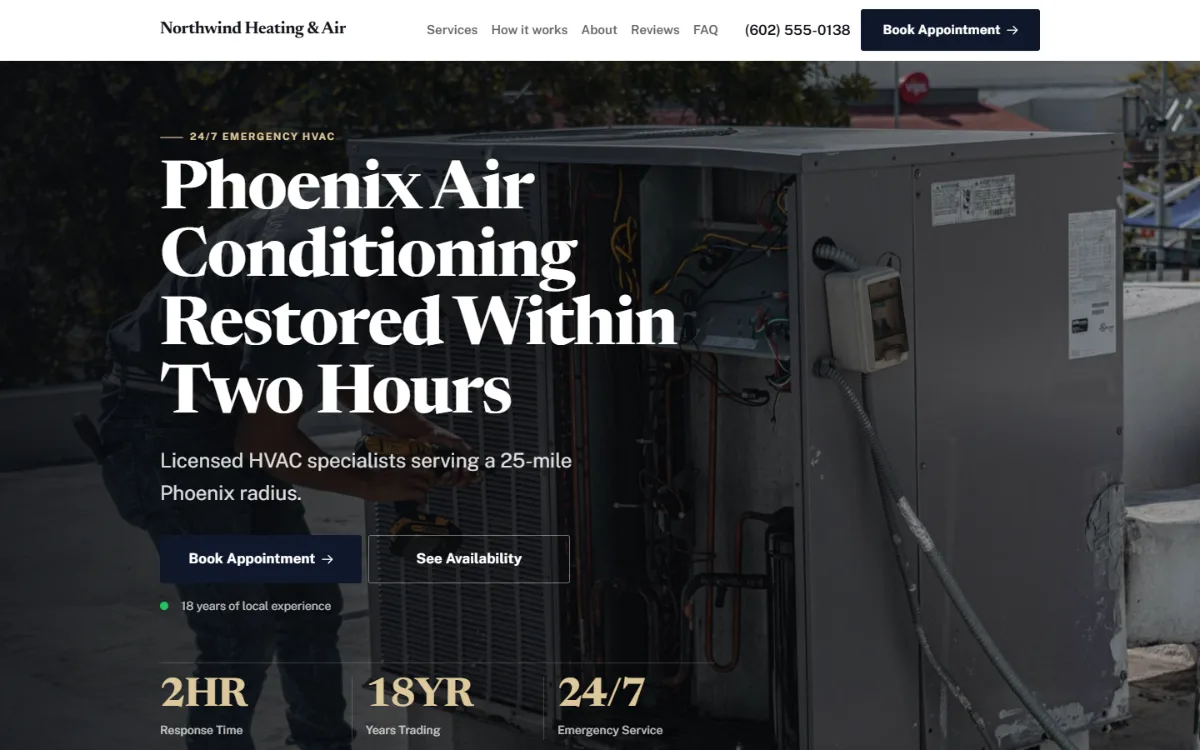 Luxury hvac website template: dark and understated, with a serif headline over a full-width photo