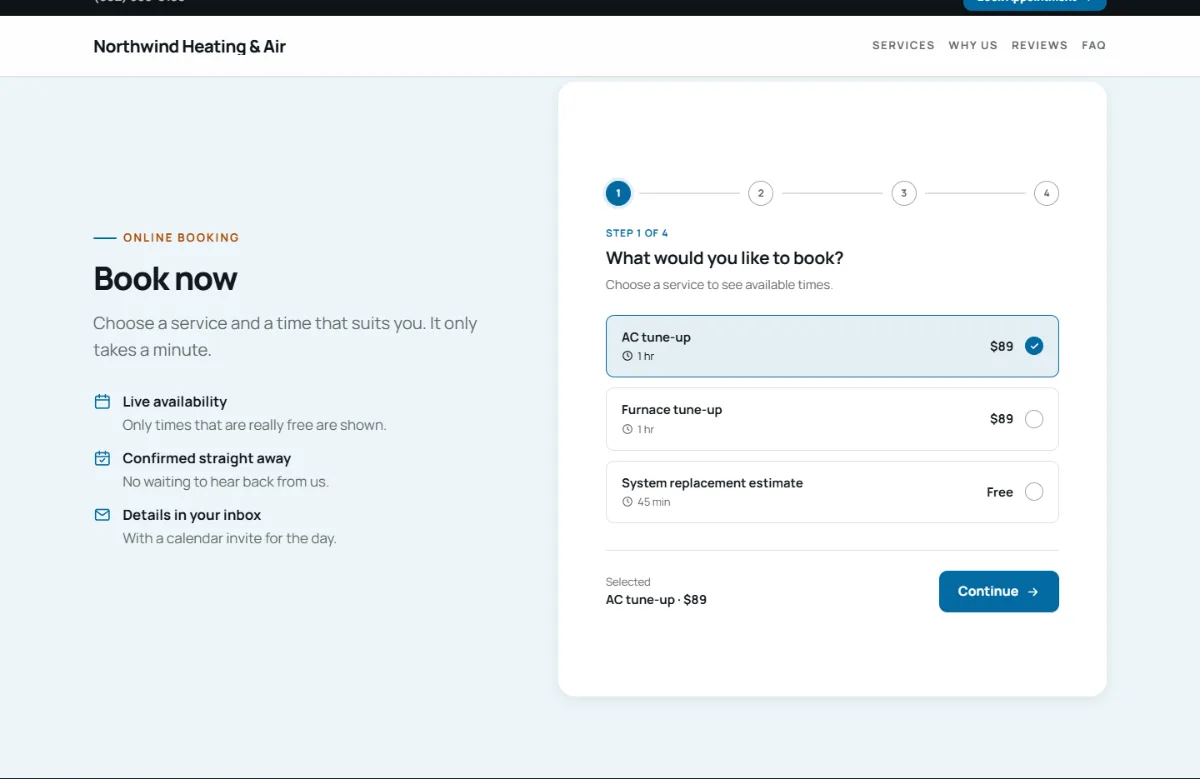 Online booking form on the Professional hvac website template: customers choose a service, then a free time