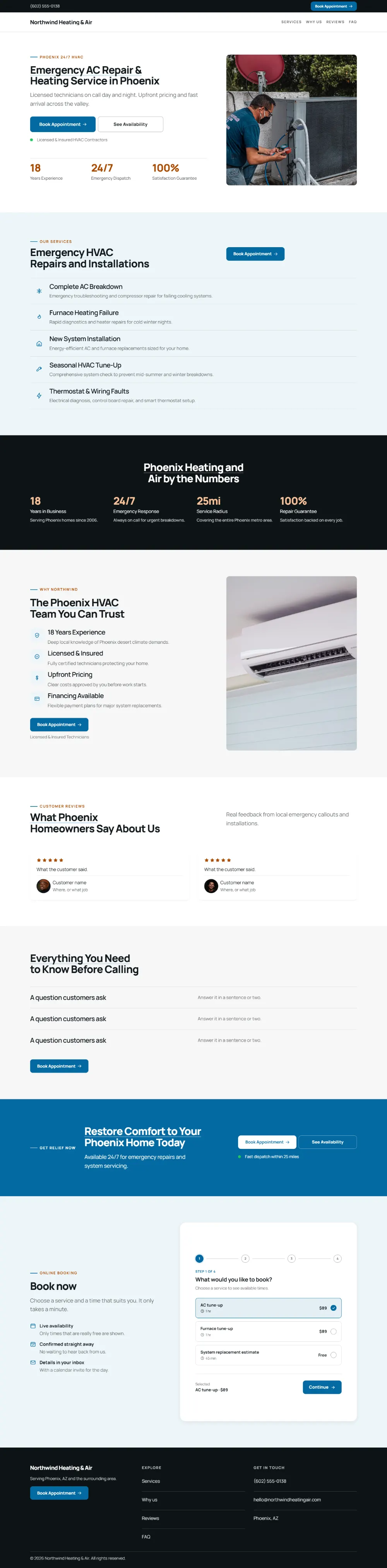 Professional hvac website template, the whole home page: clean and structured, with a photo beside the headline