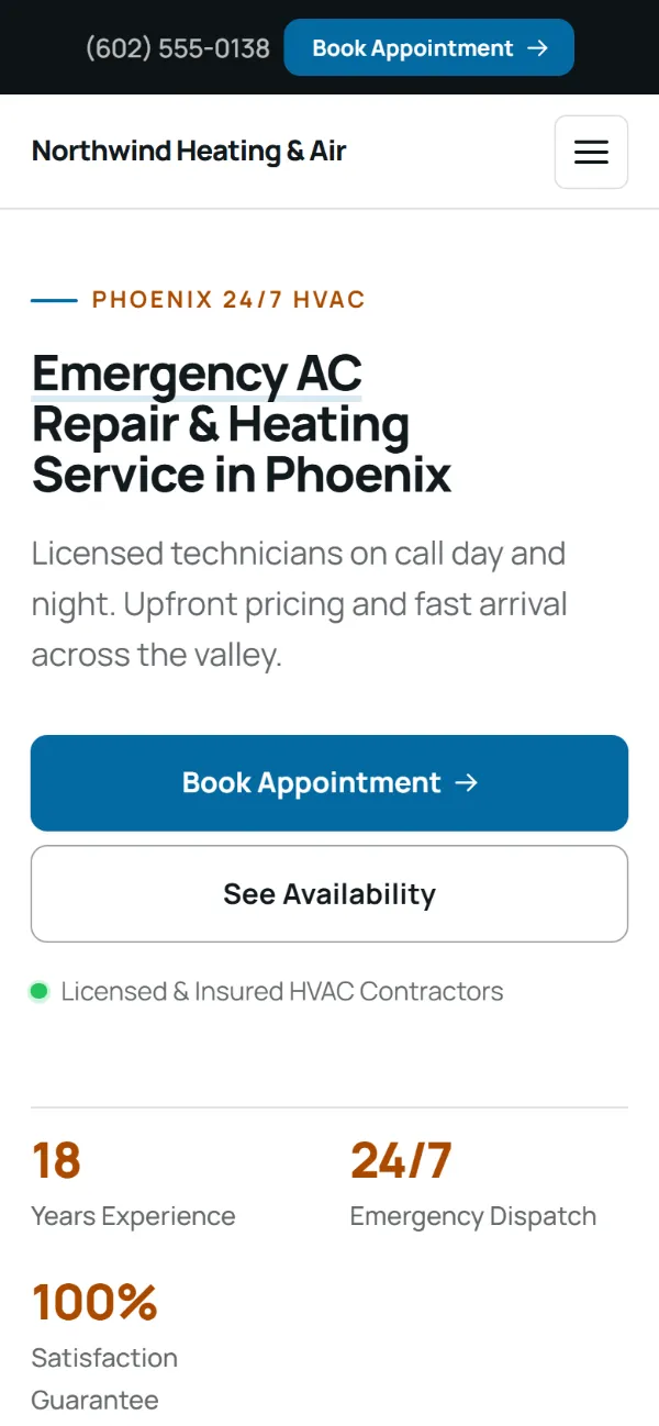 Professional hvac website template on a phone: clean and structured, with a photo beside the headline