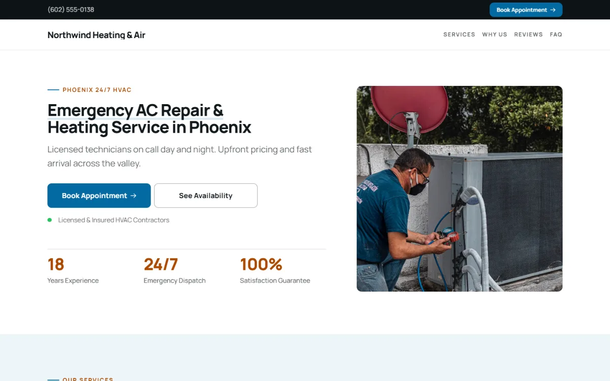 Professional hvac website template: clean and structured, with a photo beside the headline