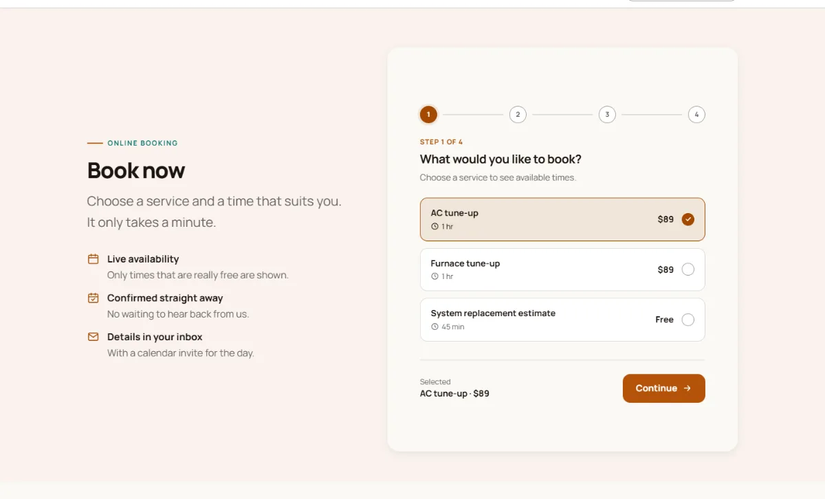 Online booking form on the Warm hvac website template: customers choose a service, then a free time