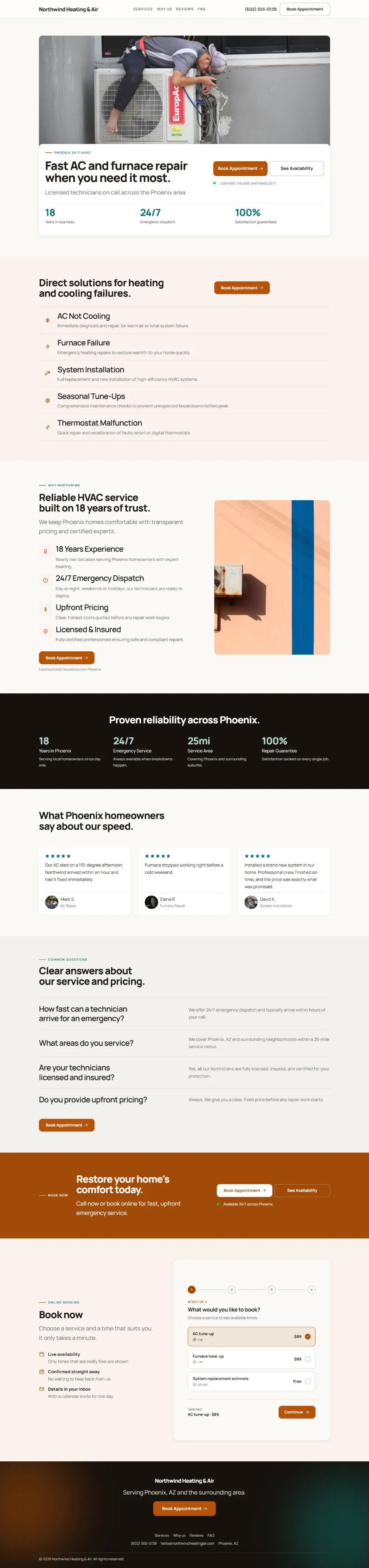 Warm hvac website template, the whole home page: soft cards and warm colours under a wide photo