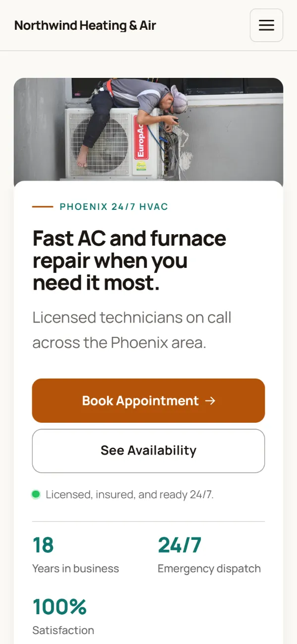 Warm hvac website template on a phone: soft cards and warm colours under a wide photo