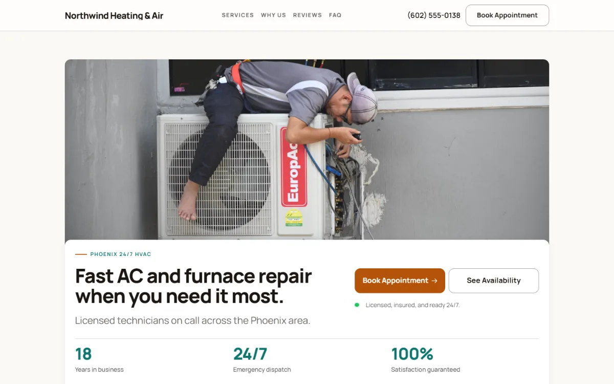 Warm hvac website template: soft cards and warm colours under a wide photo