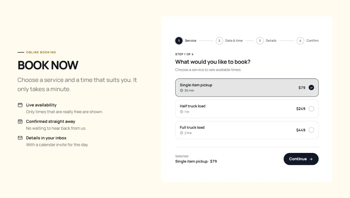 Online booking form on the Bold junk removal website template: customers choose a service, then a free time
