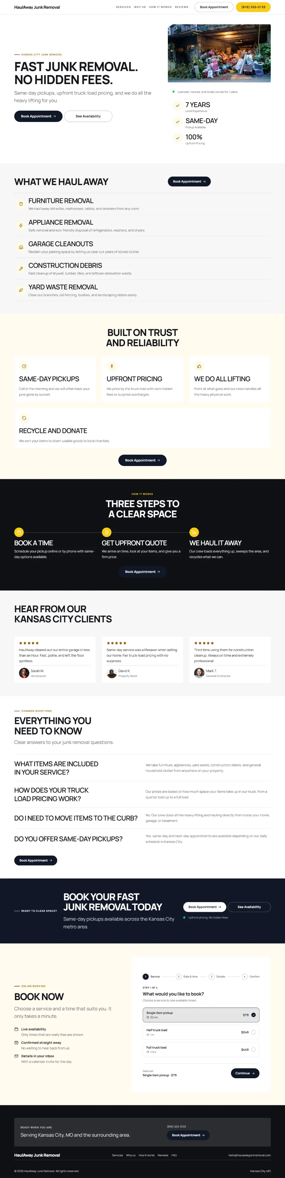 Bold junk removal website template, the whole home page: a dark first screen, big capital headlines and one loud accent colour