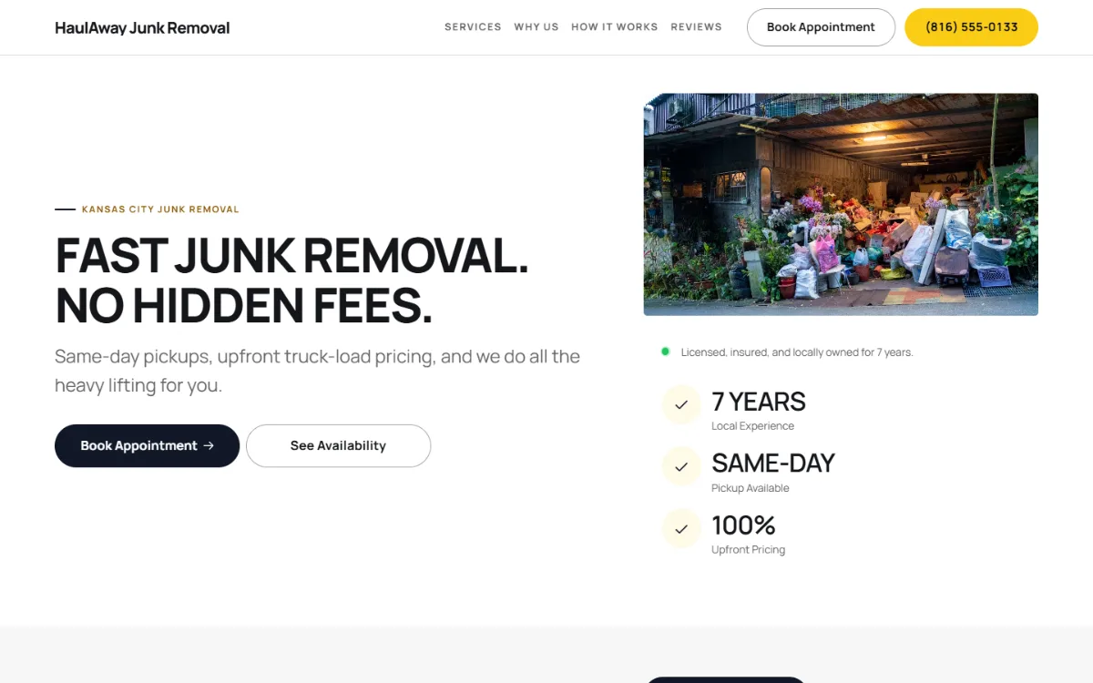 Bold junk removal website template: a dark first screen, big capital headlines and one loud accent colour