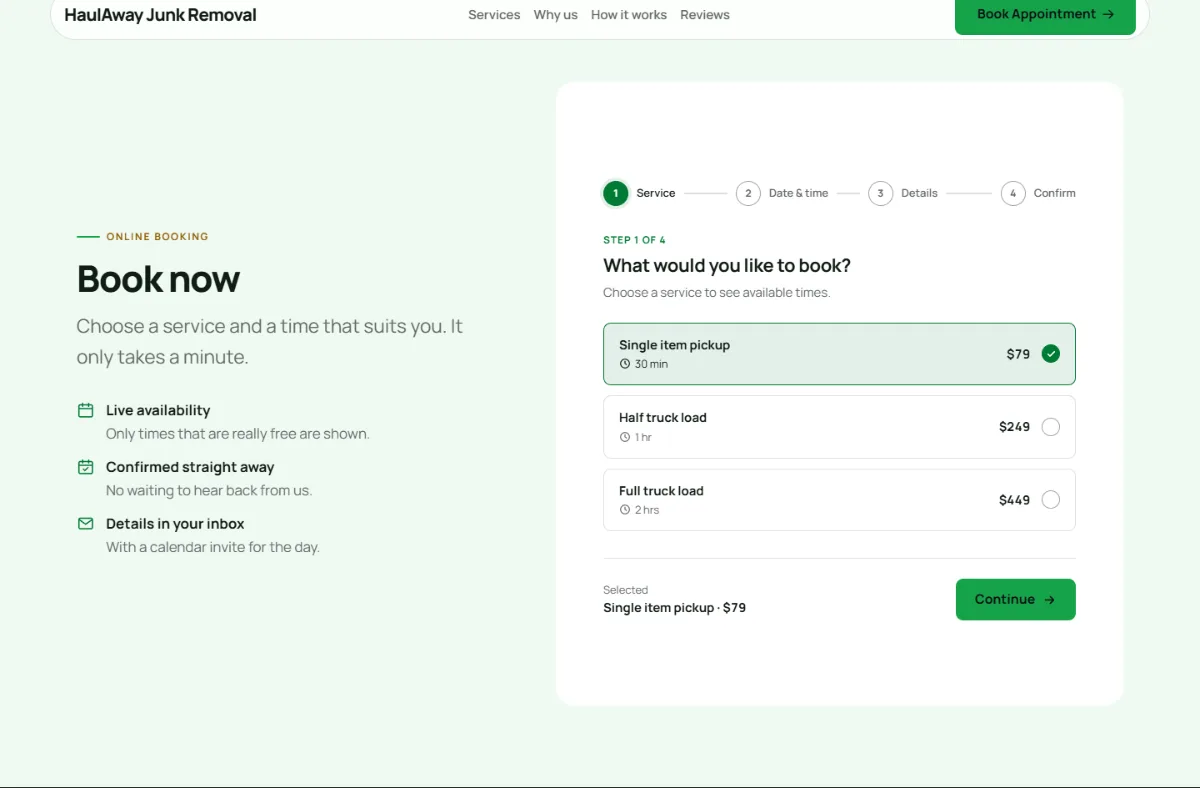 Online booking form on the Bright junk removal website template: customers choose a service, then a free time