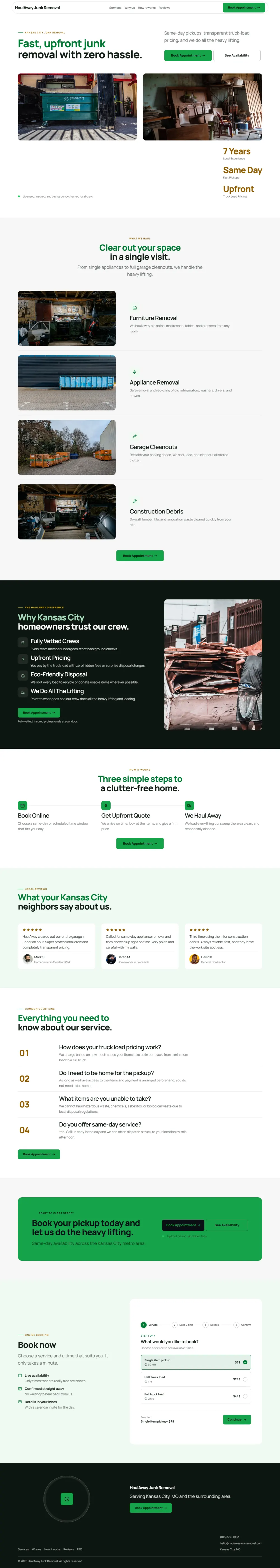 Bright junk removal website template, the whole home page: light and airy, with two photos under the headline