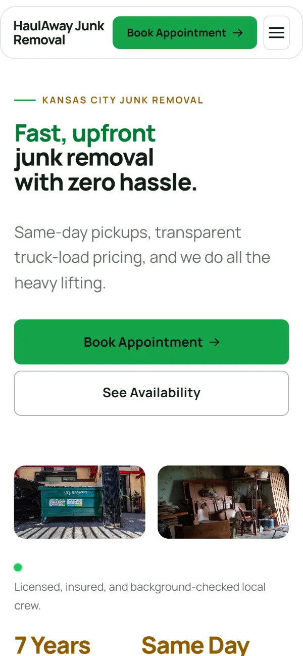 Bright junk removal website template on a phone: light and airy, with two photos under the headline