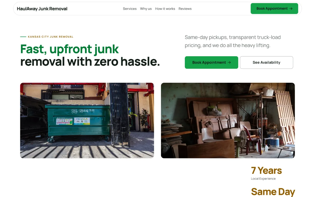 Bright junk removal website template: light and airy, with two photos under the headline