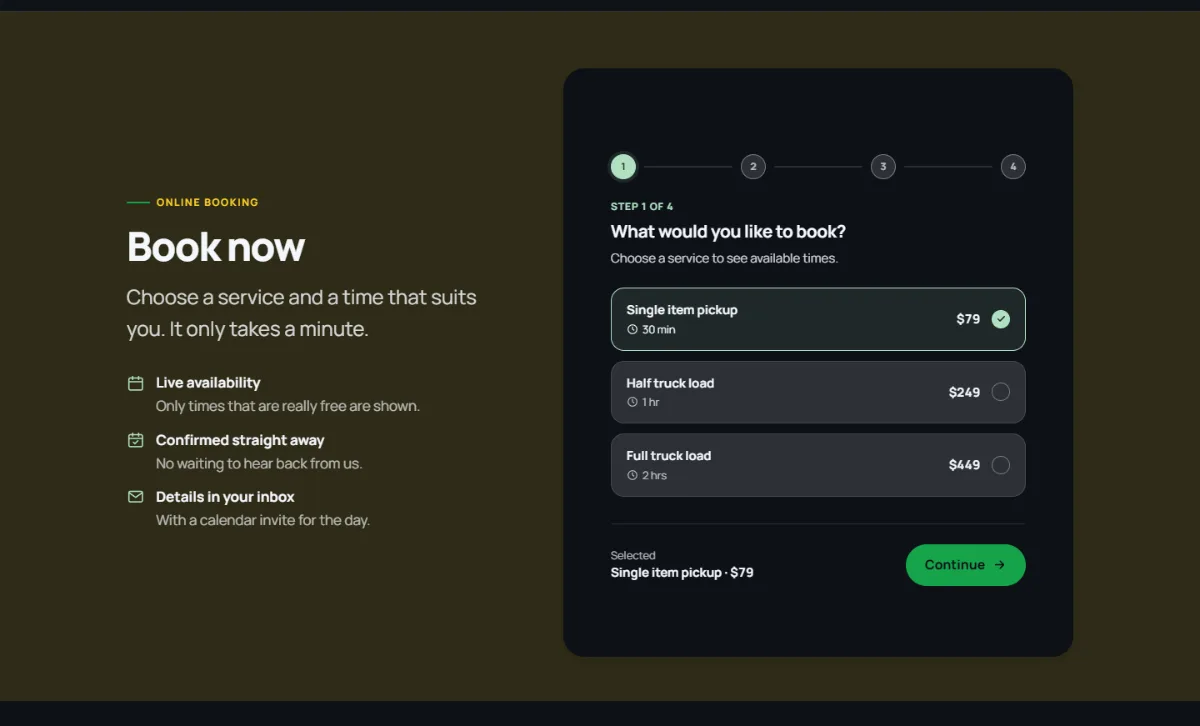 Online booking form on the Dark junk removal website template: customers choose a service, then a free time