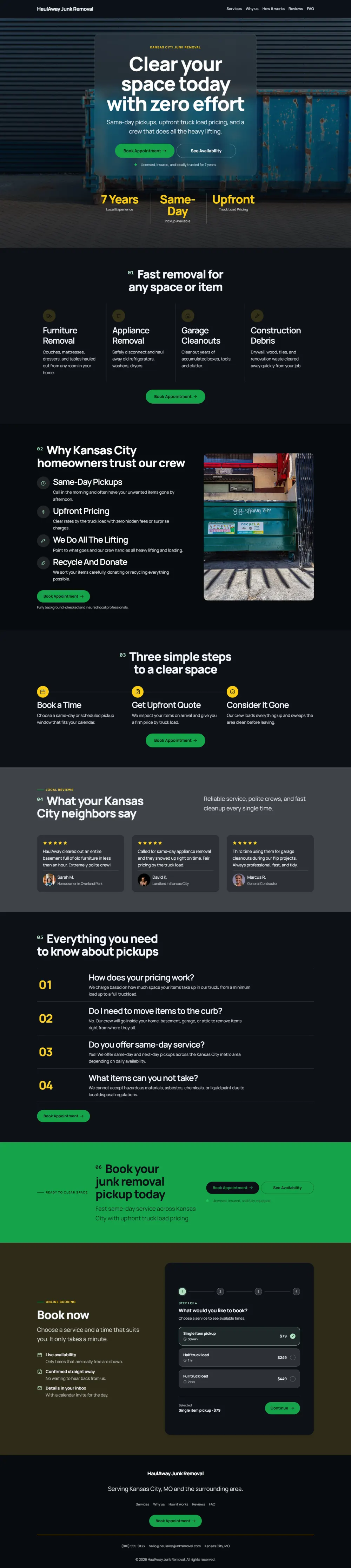 Dark junk removal website template, the whole home page: dark mode throughout, with a glass card over the photo