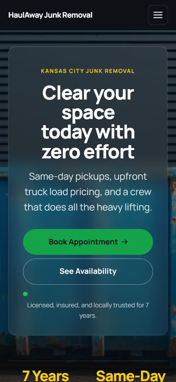 Dark junk removal website template on a phone: dark mode throughout, with a glass card over the photo