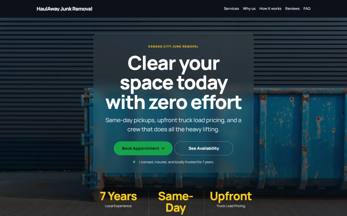 Dark junk removal website template: dark mode throughout, with a glass card over the photo