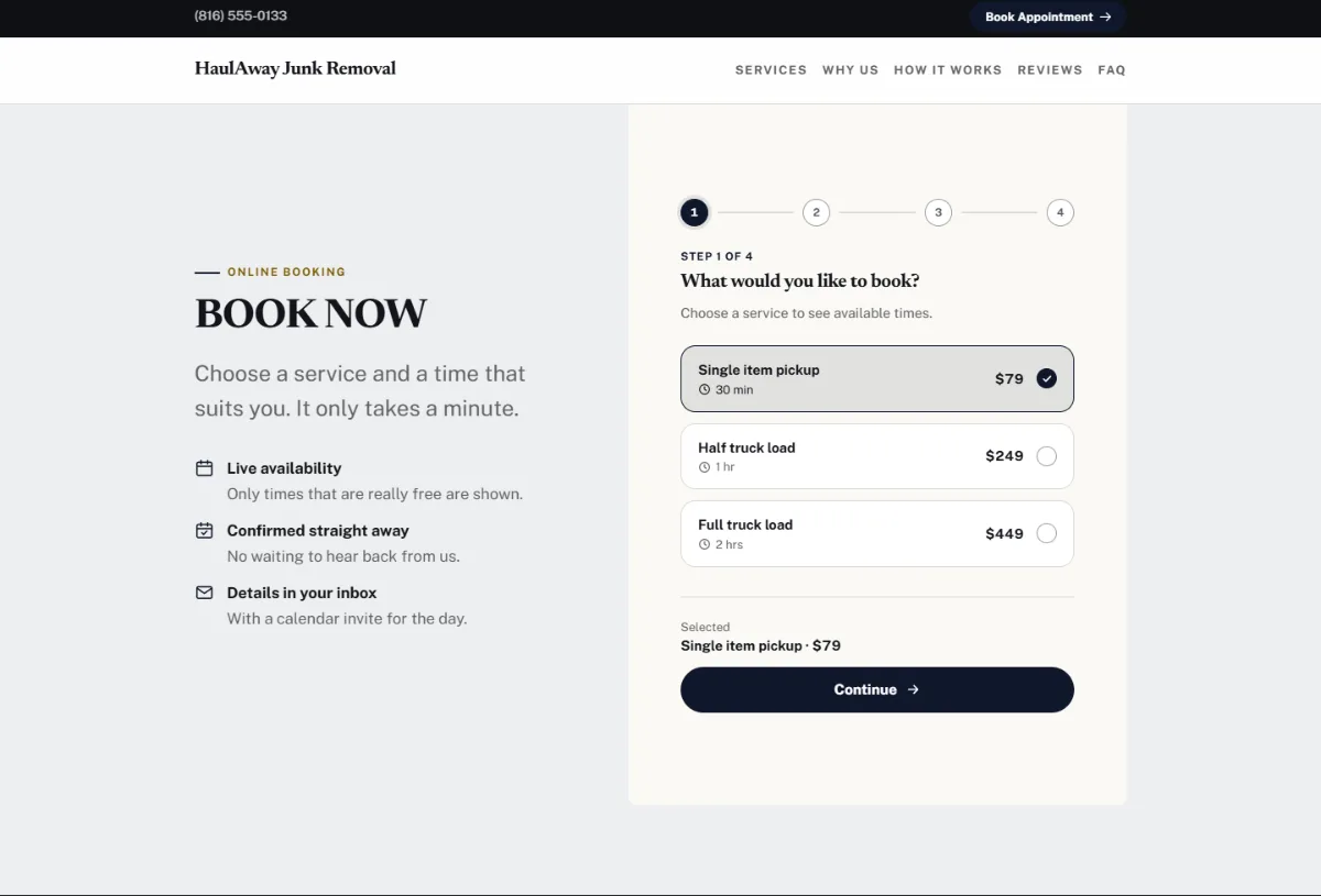 Online booking form on the Luxury junk removal website template: customers choose a service, then a free time