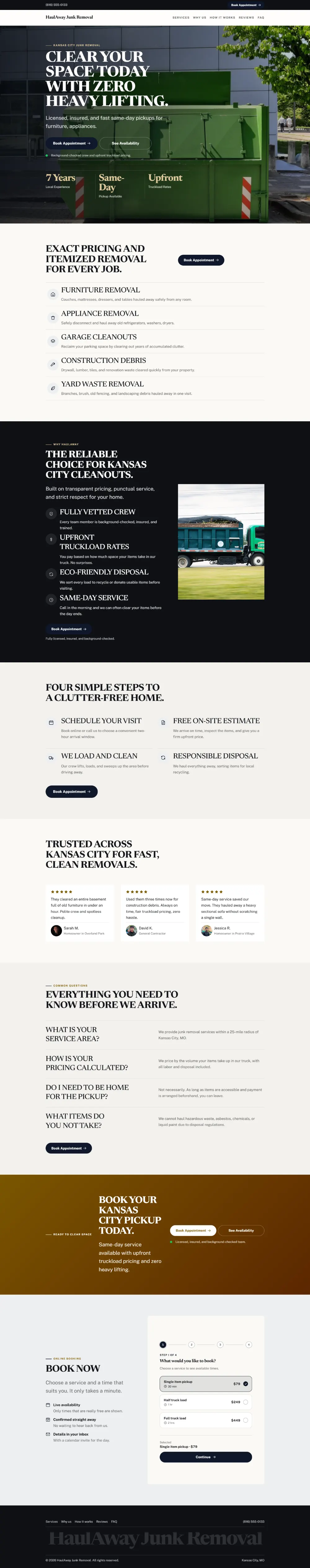 Luxury junk removal website template, the whole home page: dark and understated, with a serif headline over a full-width photo