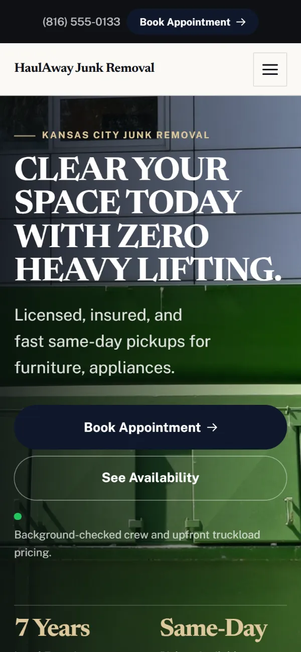 Luxury junk removal website template on a phone: dark and understated, with a serif headline over a full-width photo