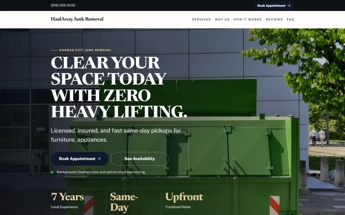 Luxury junk removal website template: dark and understated, with a serif headline over a full-width photo