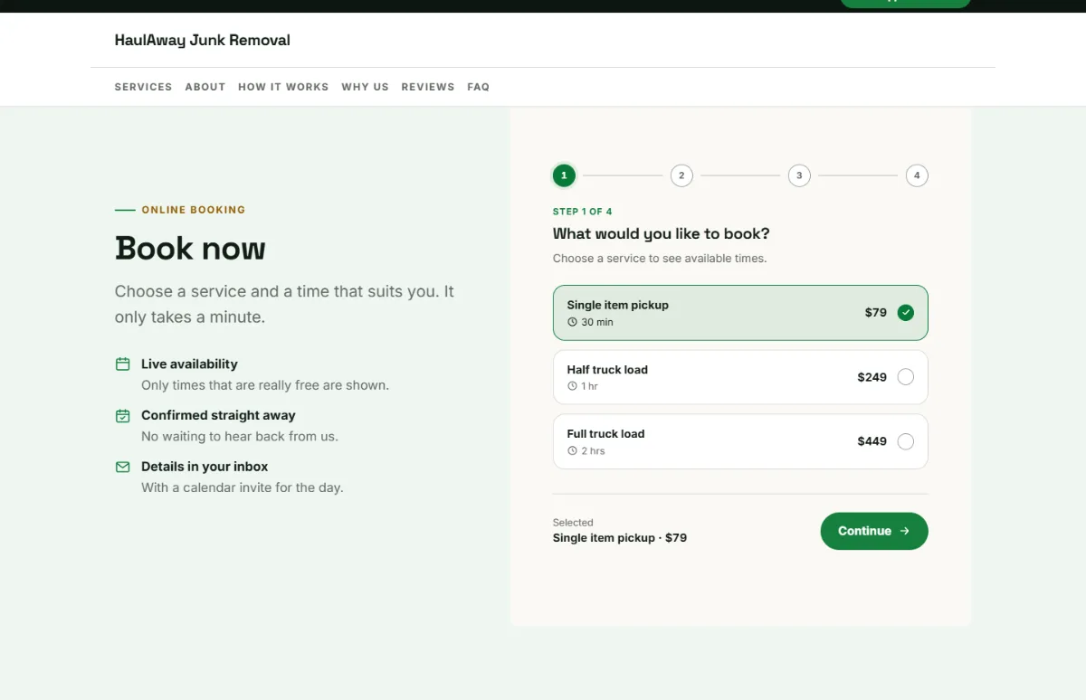 Online booking form on the Professional junk removal website template: customers choose a service, then a free time