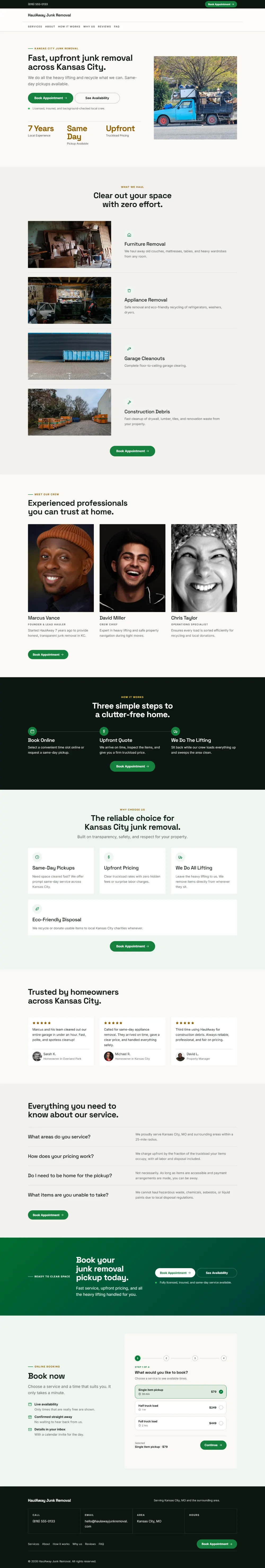 Professional junk removal website template, the whole home page: clean and structured, with a photo beside the headline
