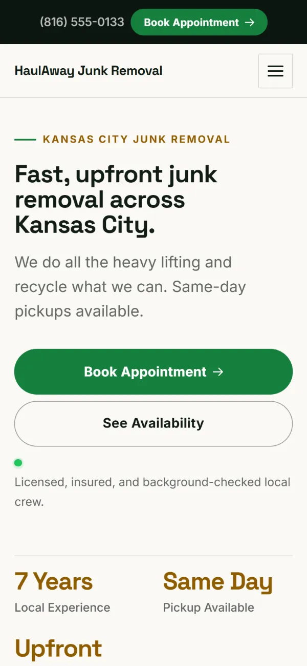 Professional junk removal website template on a phone: clean and structured, with a photo beside the headline