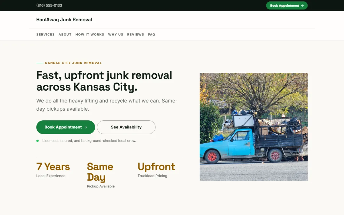 Professional junk removal website template: clean and structured, with a photo beside the headline