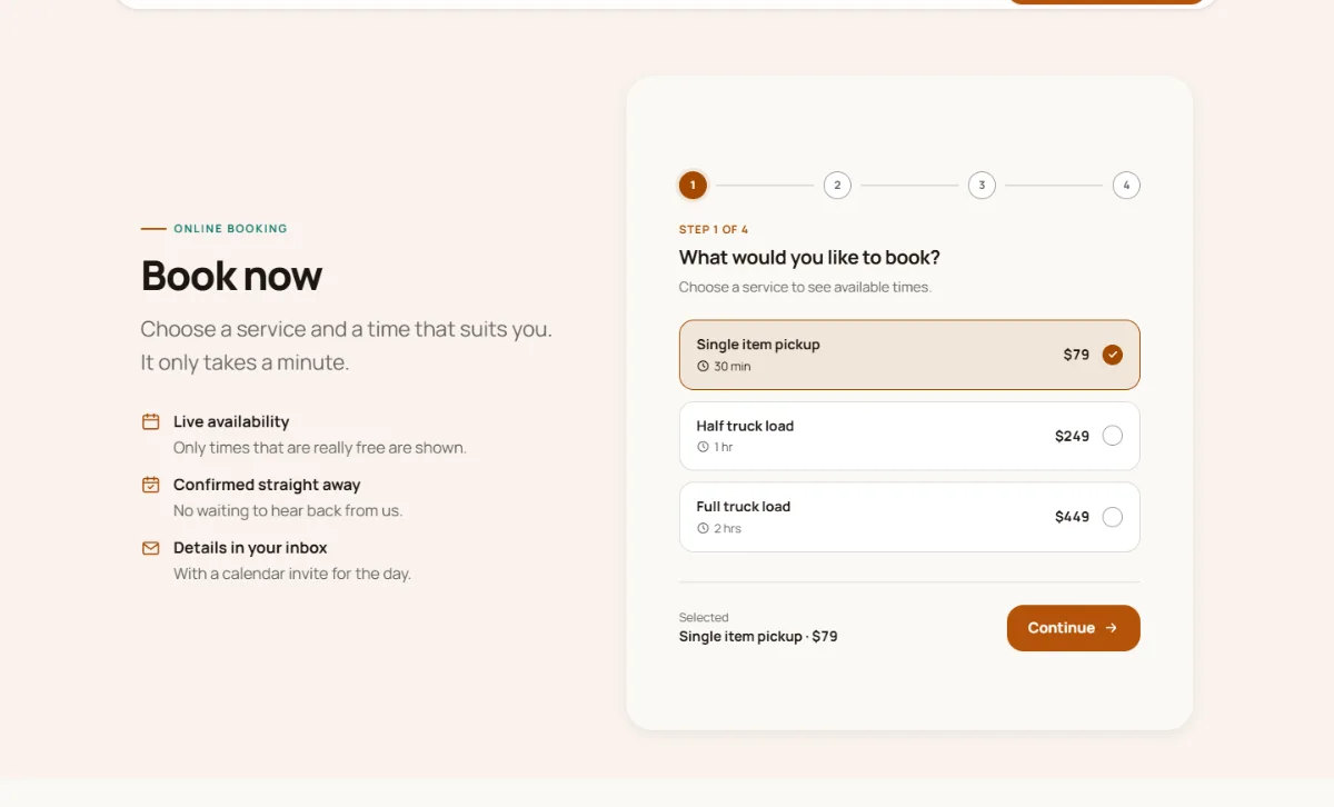 Online booking form on the Warm junk removal website template: customers choose a service, then a free time
