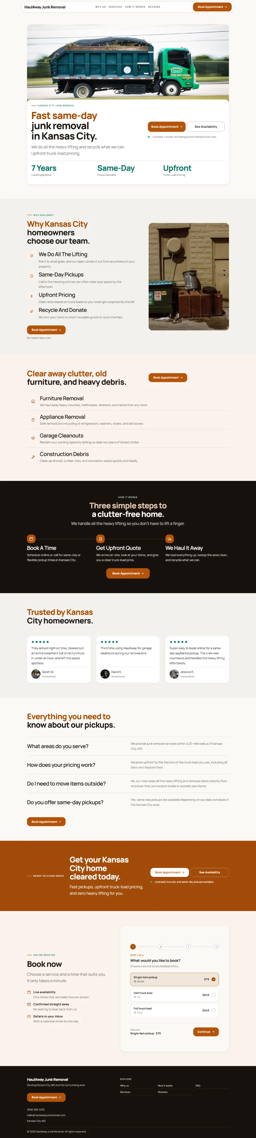 Warm junk removal website template, the whole home page: soft cards and warm colours under a wide photo