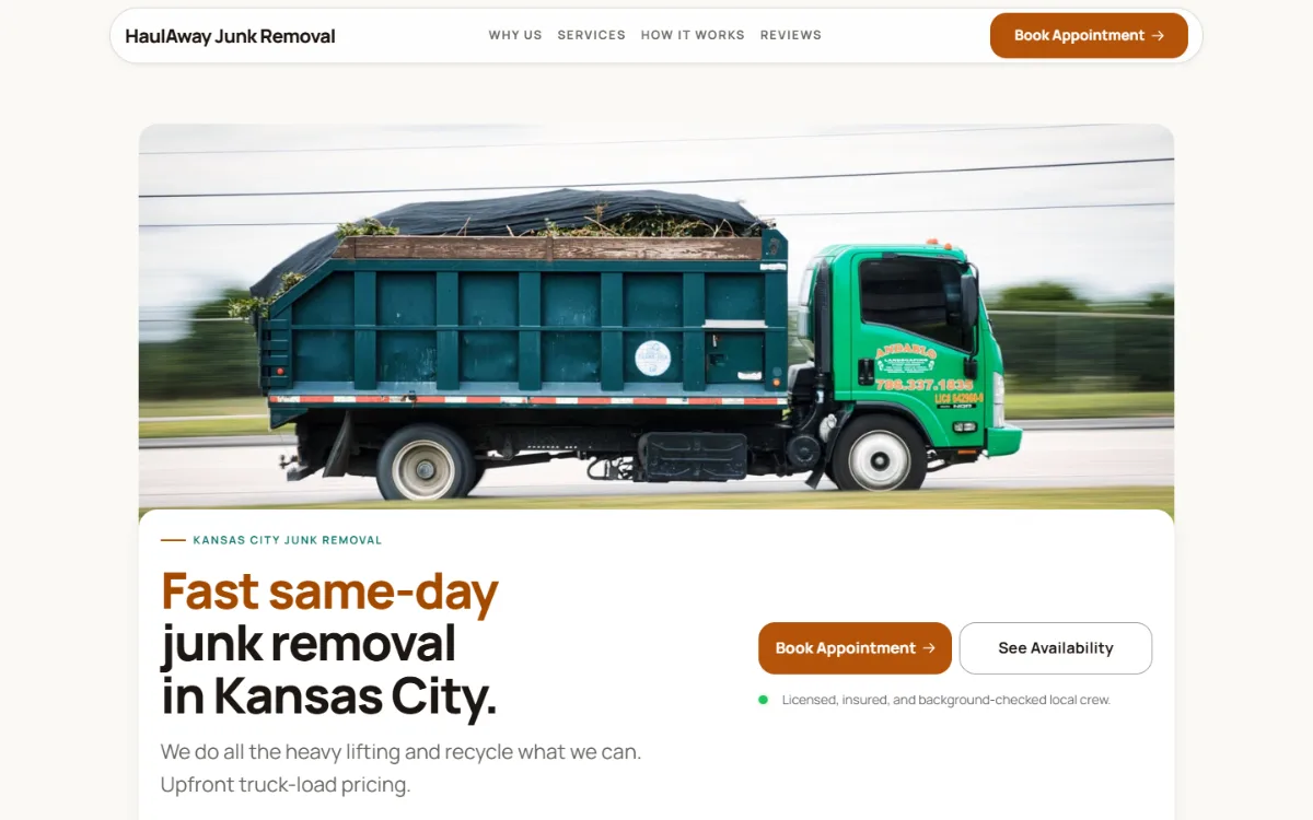 Warm junk removal website template: soft cards and warm colours under a wide photo