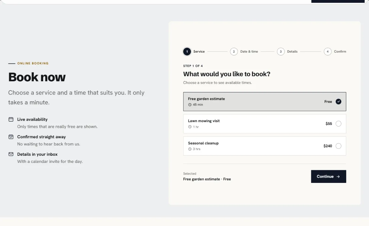 Online booking form on the Bold landscaping website template: customers choose a service, then a free time