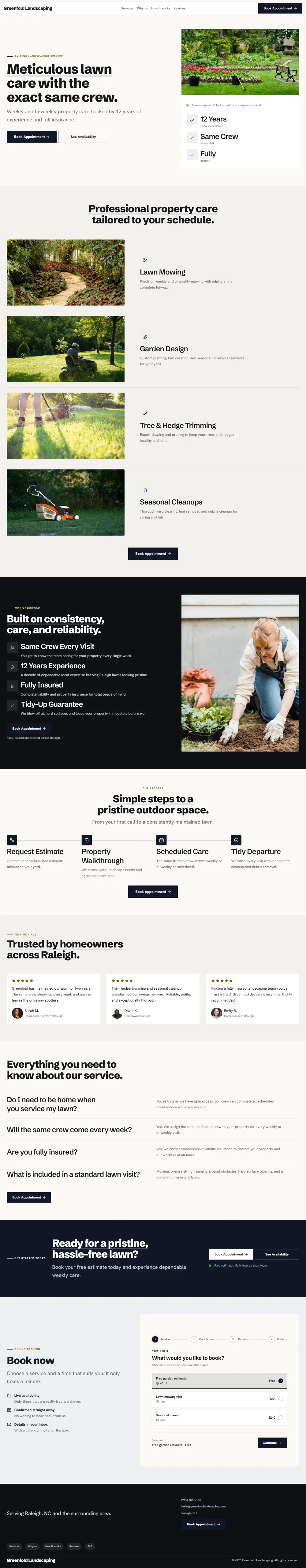 Bold landscaping website template, the whole home page: a dark first screen, big capital headlines and one loud accent colour