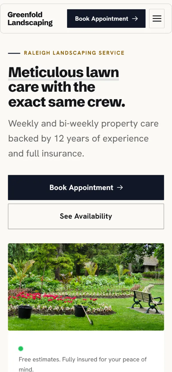 Bold landscaping website template on a phone: a dark first screen, big capital headlines and one loud accent colour