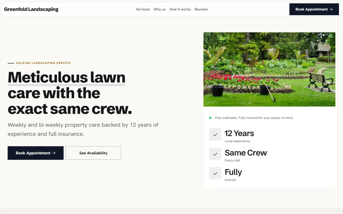 Bold landscaping website template: a dark first screen, big capital headlines and one loud accent colour