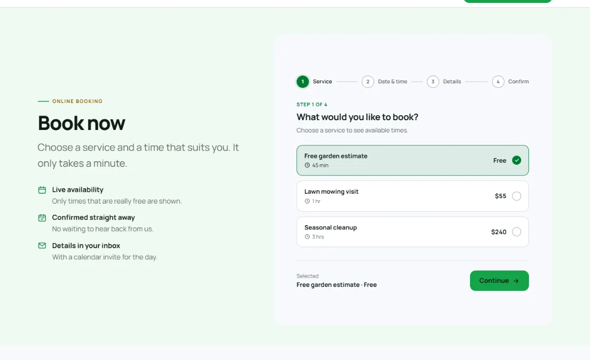 Online booking form on the Bright landscaping website template: customers choose a service, then a free time