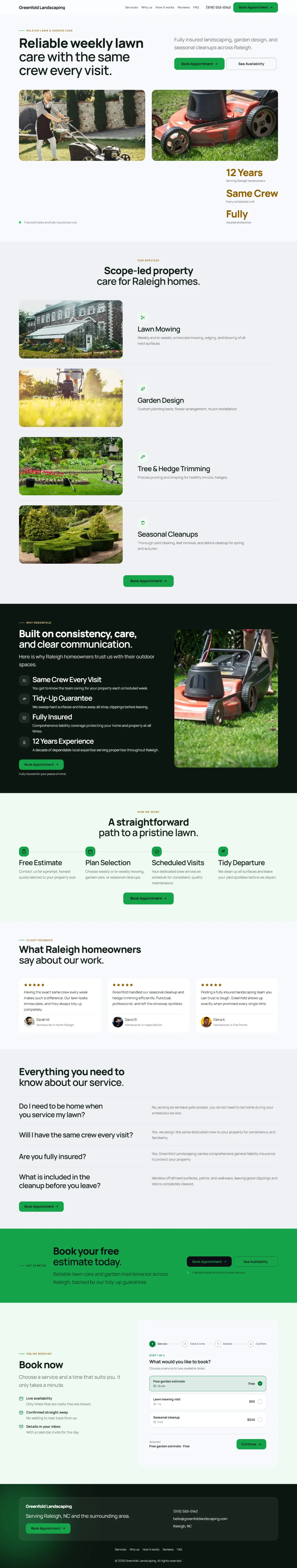 Bright landscaping website template, the whole home page: light and airy, with two photos under the headline