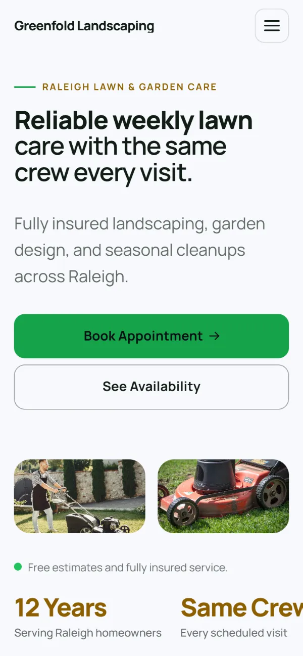 Bright landscaping website template on a phone: light and airy, with two photos under the headline