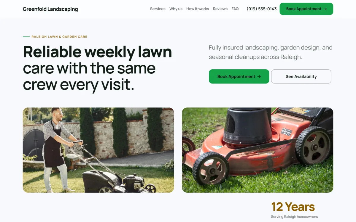 Bright landscaping website template: light and airy, with two photos under the headline