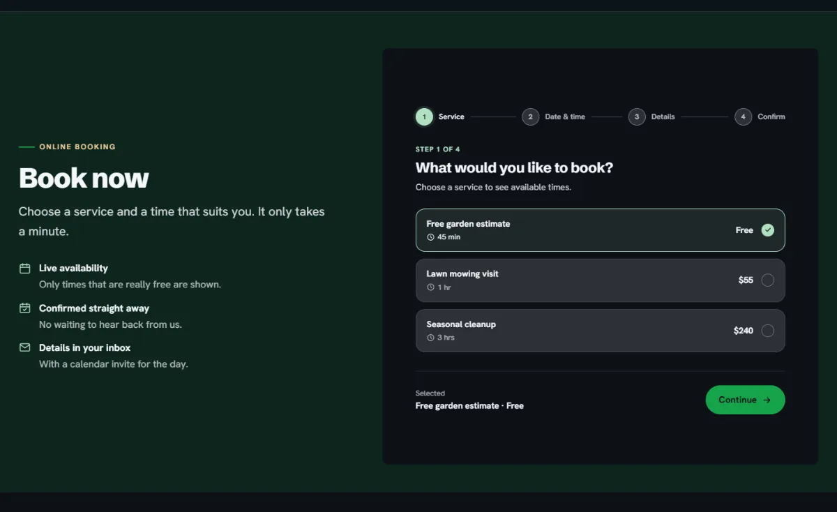Online booking form on the Dark landscaping website template: customers choose a service, then a free time