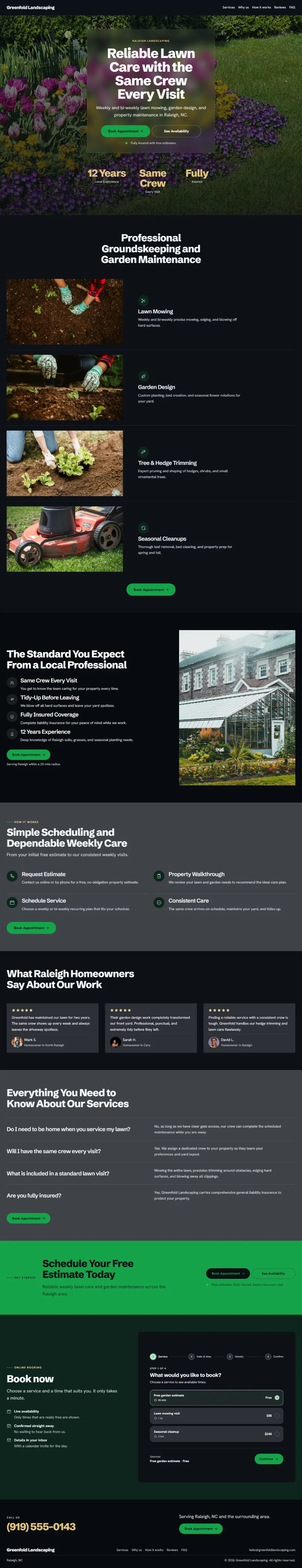 Dark landscaping website template, the whole home page: dark mode throughout, with a glass card over the photo