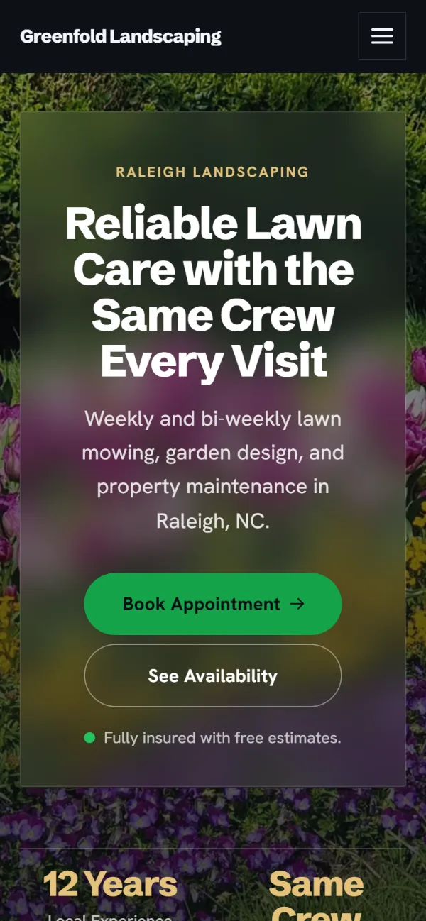 Dark landscaping website template on a phone: dark mode throughout, with a glass card over the photo